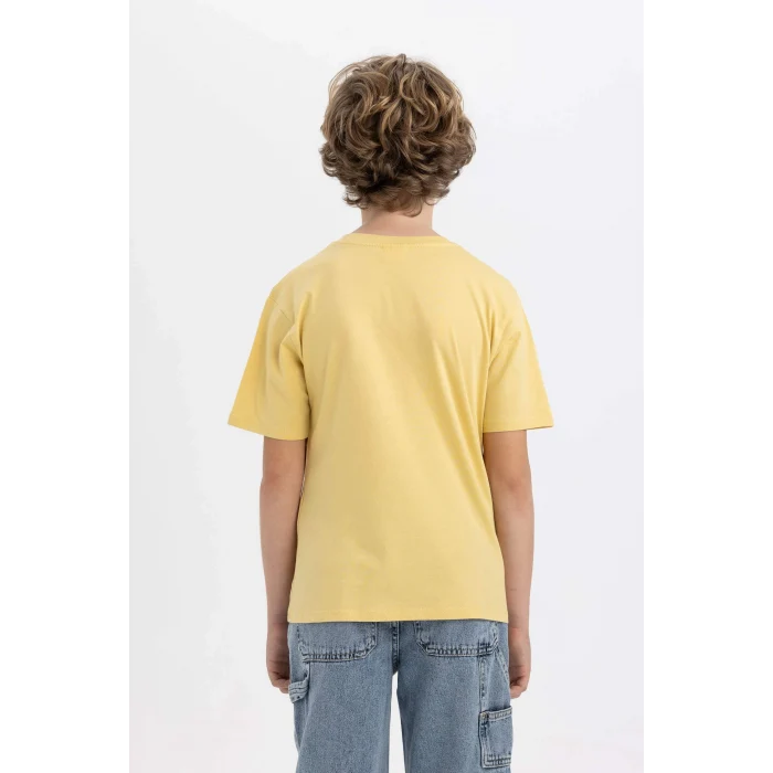 Defacto C3308 Sarı Erkek Çocuk Bisiklet Yaka Baskılı Kısa Kollu Tişört