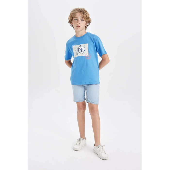Defacto C4657 Mavi Erkek Çocuk Bisiklet Yaka Baskılı Kısa Kollu Tişört