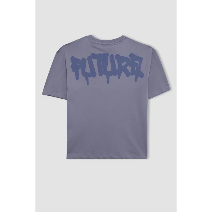 Defacto C6282 Mavi Erkek Çocuk Oversize Geniş Kalıp Bisiklet Yaka Baskılı Kısa Kollu Tişört