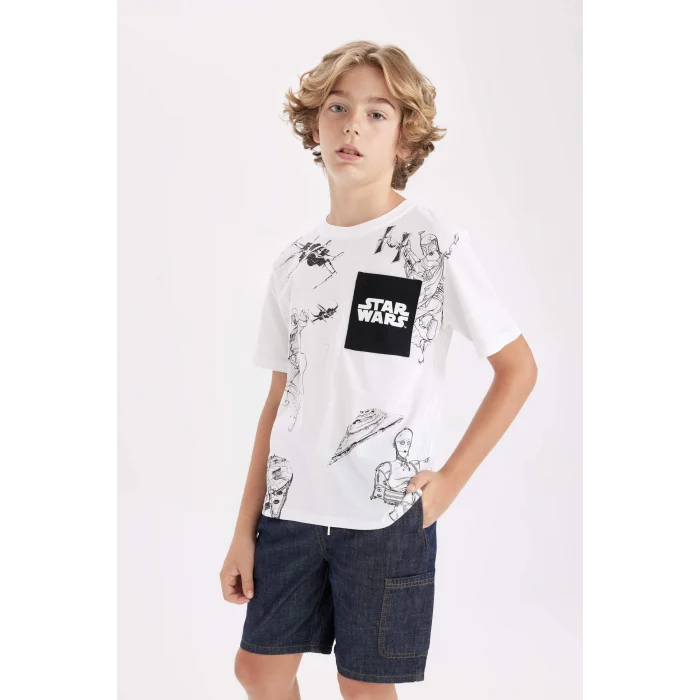 Defacto C3110 Beyaz Erkek Çocuk Star Wars Bisiklet Yaka Kısa Kollu Tişört