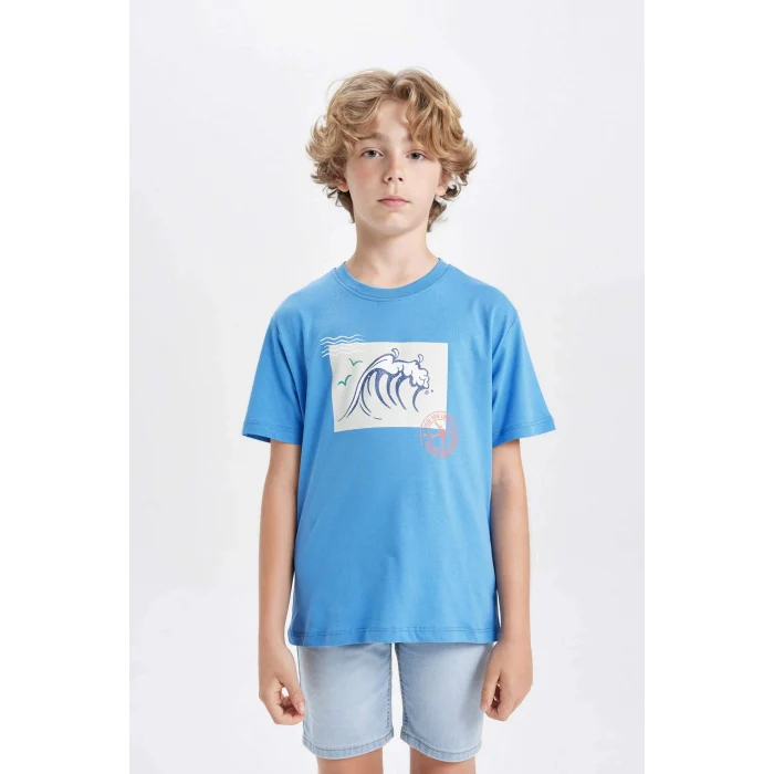 Defacto C4657 Mavi Erkek Çocuk Bisiklet Yaka Baskılı Kısa Kollu Tişört