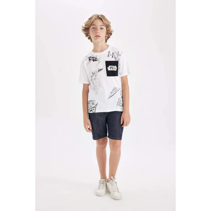 Defacto C3110 Beyaz Erkek Çocuk Star Wars Bisiklet Yaka Kısa Kollu Tişört