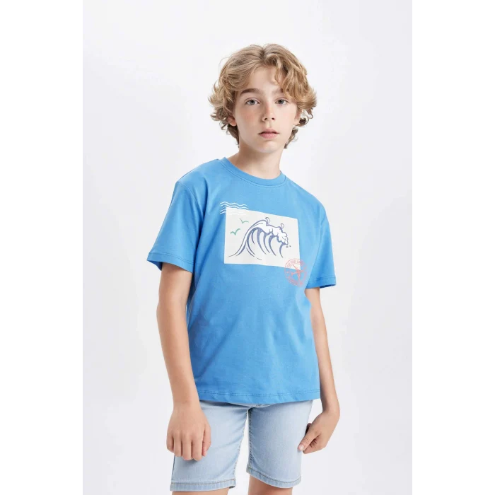 Defacto C4657 Mavi Erkek Çocuk Bisiklet Yaka Baskılı Kısa Kollu Tişört