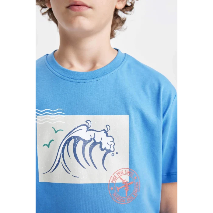 Defacto C4657 Mavi Erkek Çocuk Bisiklet Yaka Baskılı Kısa Kollu Tişört