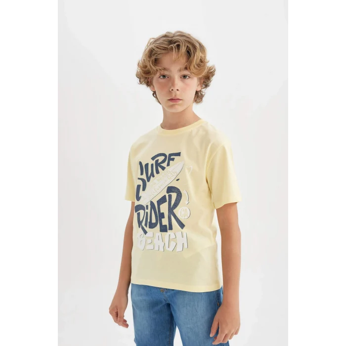 Defacto C4662 Sarı Erkek Çocuk Bisiklet Yaka Baskılı Kısa Kollu Tişört