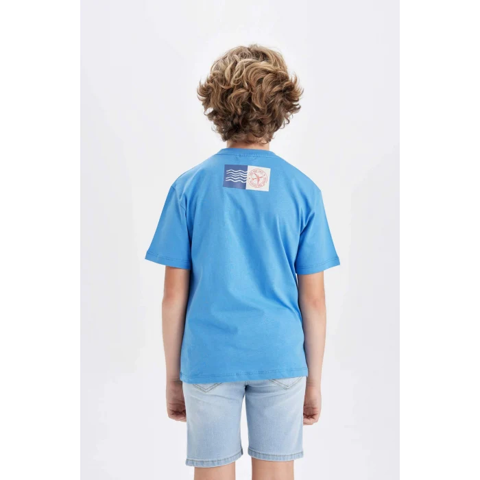 Defacto C4657 Mavi Erkek Çocuk Bisiklet Yaka Baskılı Kısa Kollu Tişört