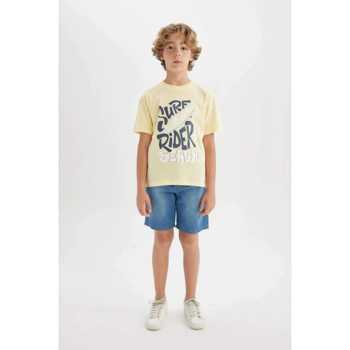 Defacto C4662 Sarı Erkek Çocuk Bisiklet Yaka Baskılı Kısa Kollu Tişört
