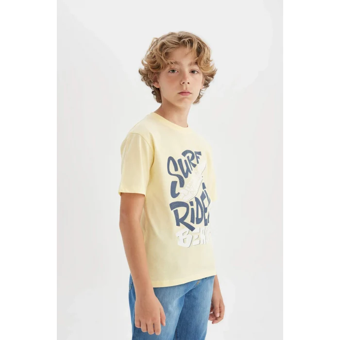 Defacto C4662 Sarı Erkek Çocuk Bisiklet Yaka Baskılı Kısa Kollu Tişört