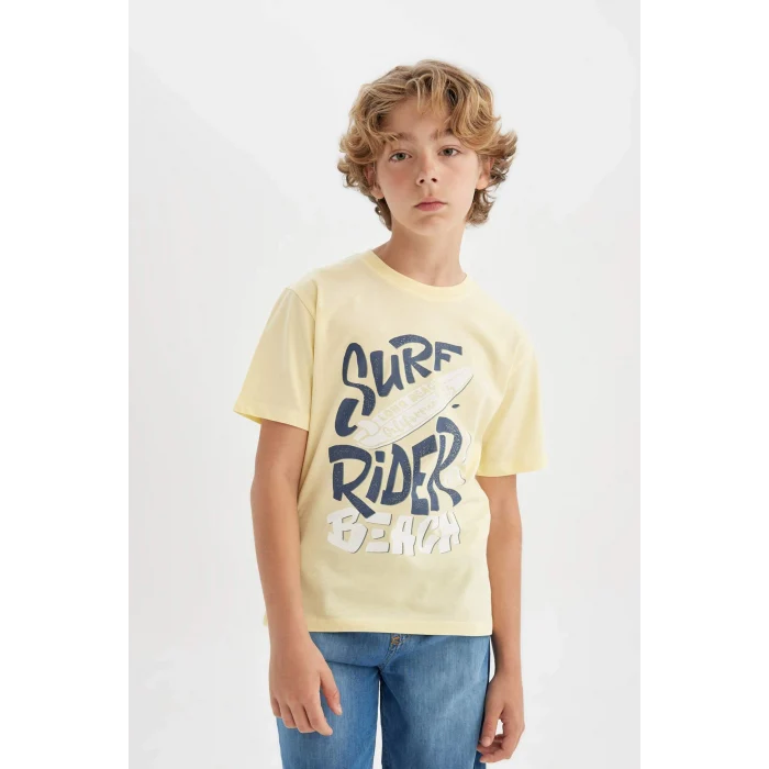 Defacto C4662 Sarı Erkek Çocuk Bisiklet Yaka Baskılı Kısa Kollu Tişört