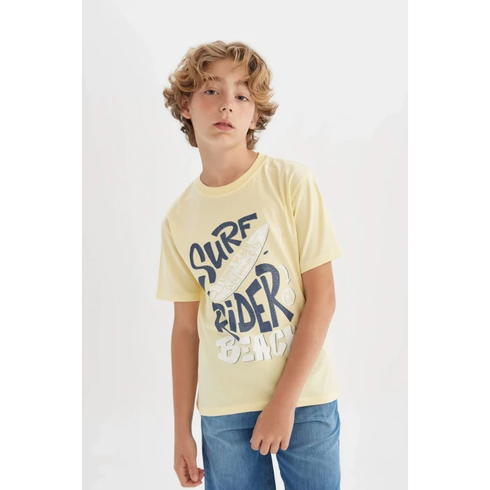 Defacto C4662 Sarı Erkek Çocuk Bisiklet Yaka Baskılı Kısa Kollu Tişört