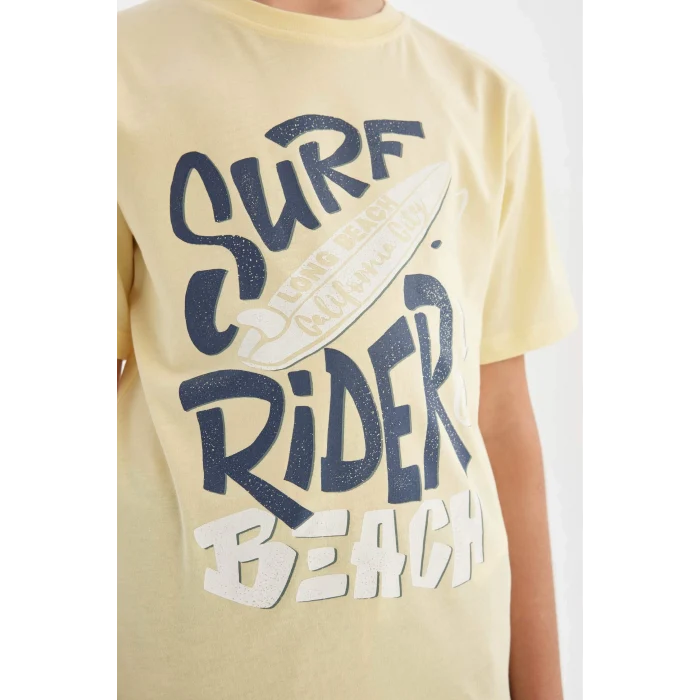 Defacto C4662 Sarı Erkek Çocuk Bisiklet Yaka Baskılı Kısa Kollu Tişört