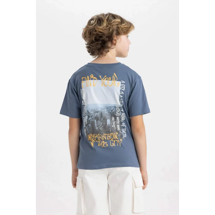 Defacto C4653 İndigo Erkek Çocuk Bisiklet Yaka Sırt Baskılı Kısa Kollu Tişört