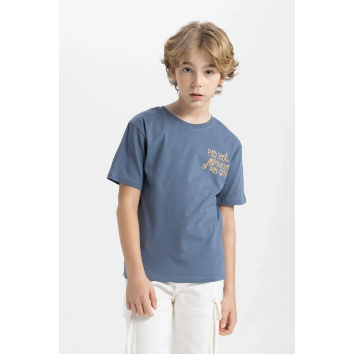 Defacto C4653 İndigo Erkek Çocuk Bisiklet Yaka Sırt Baskılı Kısa Kollu Tişört