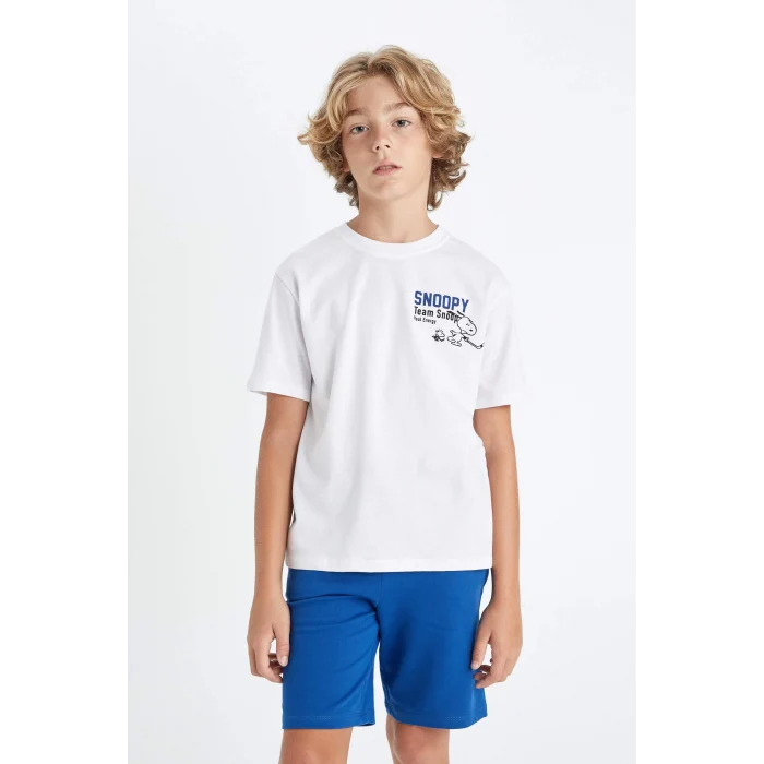 Defacto D2100 Beyaz Erkek Çocuk Snoopy Bisiklet Yaka Kısa Kollu Tişört