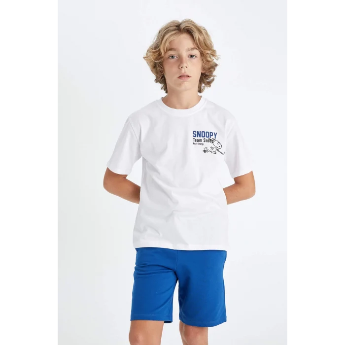 Defacto D2100 Beyaz Erkek Çocuk Snoopy Bisiklet Yaka Kısa Kollu Tişört