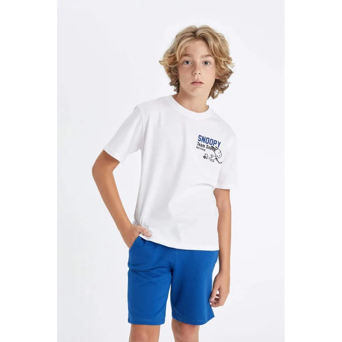 Defacto D2100 Beyaz Erkek Çocuk Snoopy Bisiklet Yaka Kısa Kollu Tişört