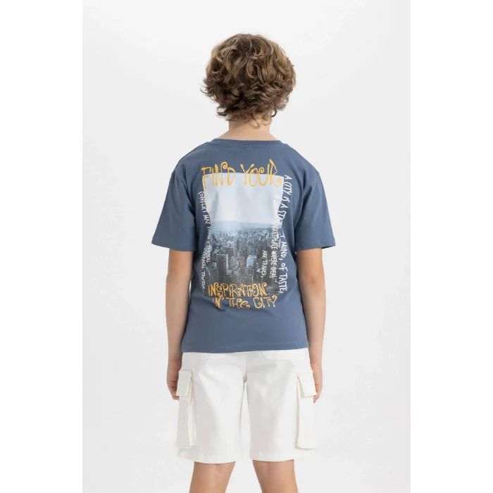 Defacto C4653 İndigo Erkek Çocuk Bisiklet Yaka Sırt Baskılı Kısa Kollu Tişört