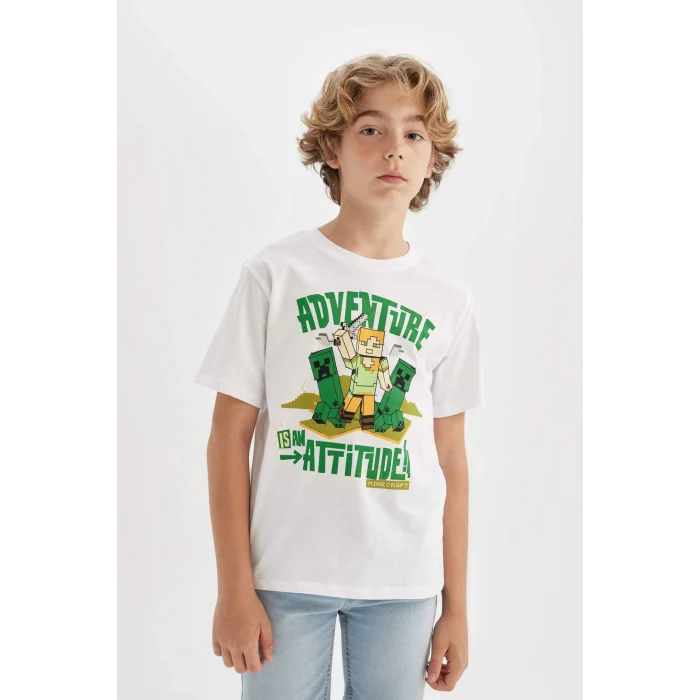 Defacto C5398 Beyaz Erkek Çocuk Minecraft Bisiklet Yaka Kısa Kollu Tişört
