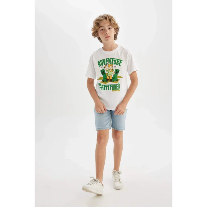 Defacto C5398 Beyaz Erkek Çocuk Minecraft Bisiklet Yaka Kısa Kollu Tişört