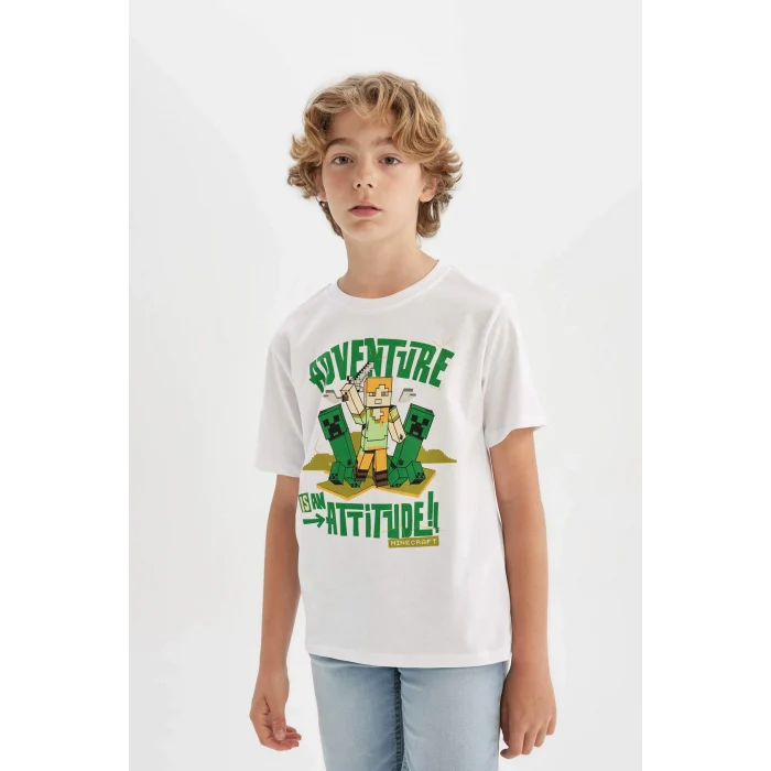 Defacto C5398 Beyaz Erkek Çocuk Minecraft Bisiklet Yaka Kısa Kollu Tişört
