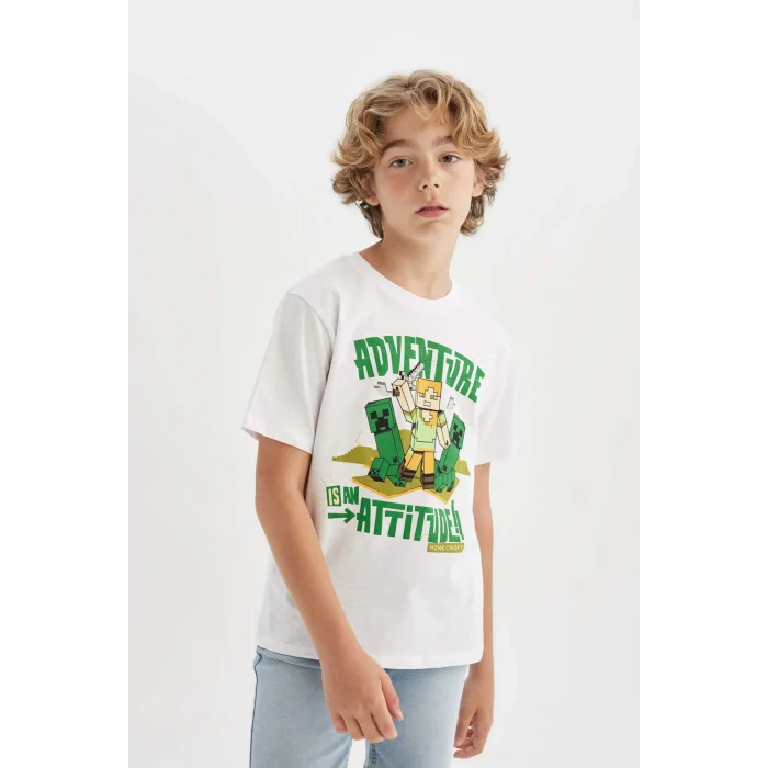 Defacto C5398 Beyaz Erkek Çocuk Minecraft Bisiklet Yaka Kısa Kollu Tişört