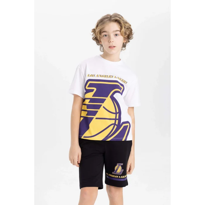 Defacto C0388 Beyaz Erkek Çocuk NBA Los Angeles Lakers Oversize Geniş Kalıp Bisiklet Yaka Kısa Kollu Tişört