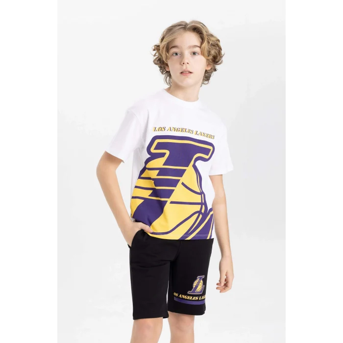 Defacto C0388 Beyaz Erkek Çocuk NBA Los Angeles Lakers Oversize Geniş Kalıp Bisiklet Yaka Kısa Kollu Tişört