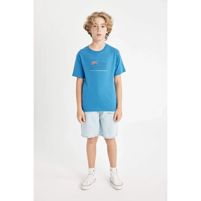 Defacto D2419 Mavi Erkek Çocuk Bisiklet Yaka Sırt Baskılı Kısa Kollu Tişört