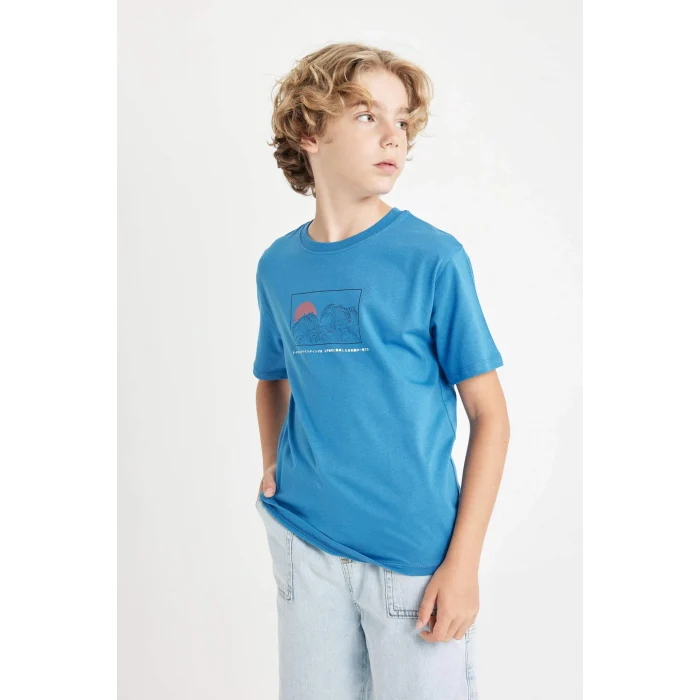 Defacto D2419 Mavi Erkek Çocuk Bisiklet Yaka Sırt Baskılı Kısa Kollu Tişört
