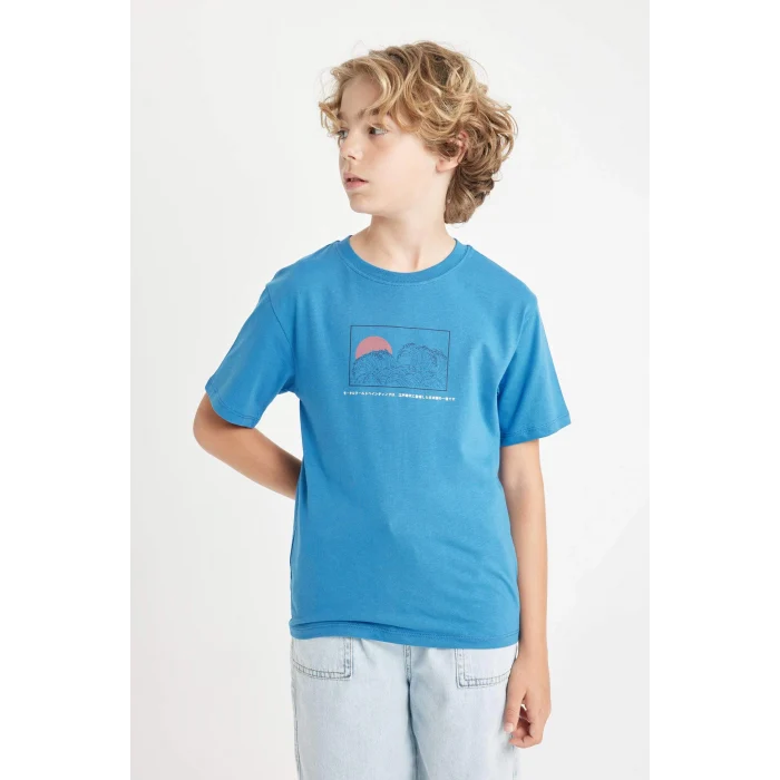 Defacto D2419 Mavi Erkek Çocuk Bisiklet Yaka Sırt Baskılı Kısa Kollu Tişört