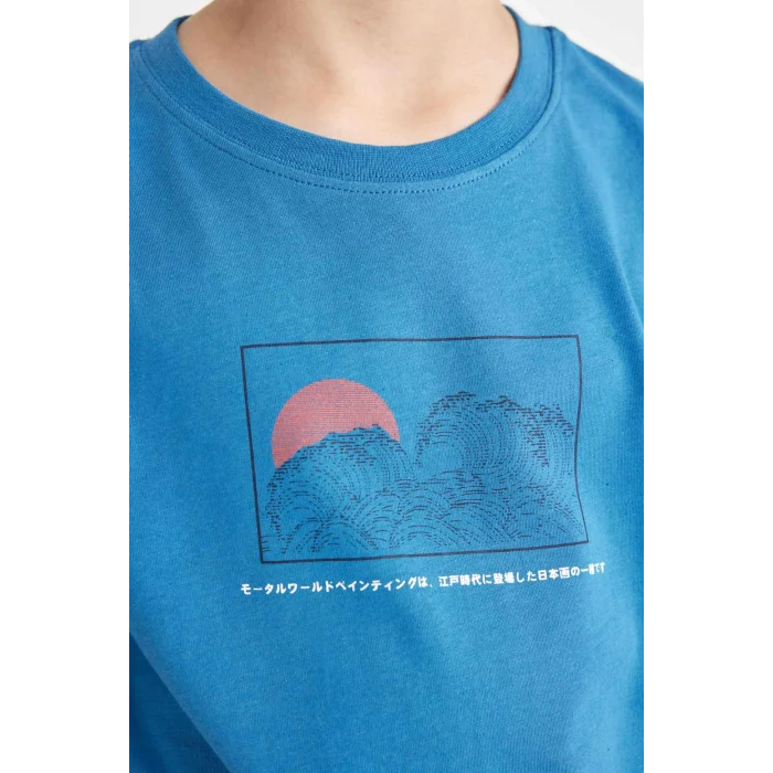 Defacto D2419 Mavi Erkek Çocuk Bisiklet Yaka Sırt Baskılı Kısa Kollu Tişört