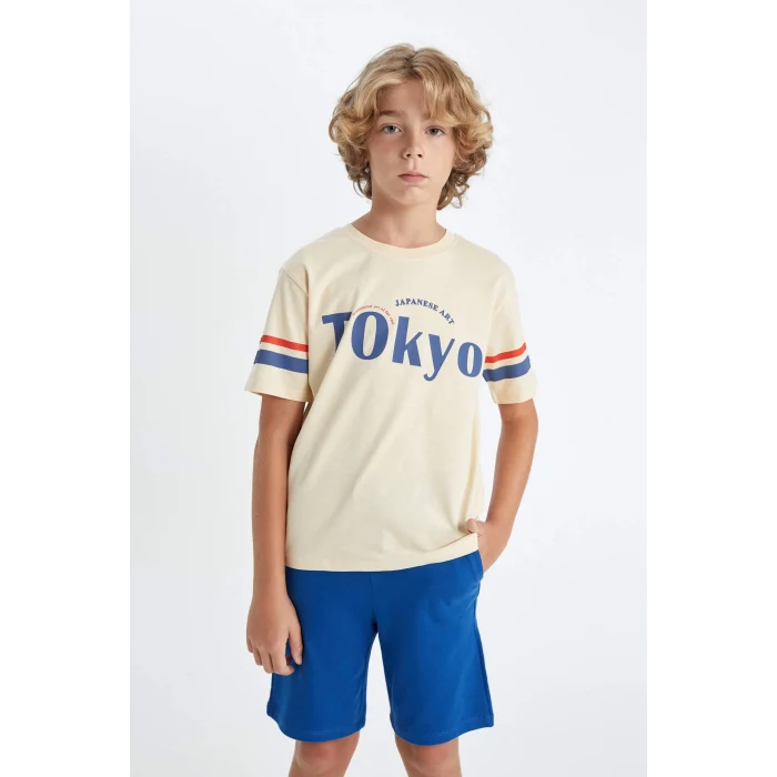Defacto D2423 Bej Erkek Çocuk Bisiklet Yaka Baskılı Kısa Kollu Tişört