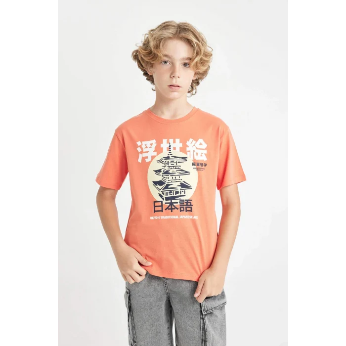 Defacto D2425 Turuncu Erkek Çocuk Bisiklet Yaka Baskılı Kısa Kollu Tişört