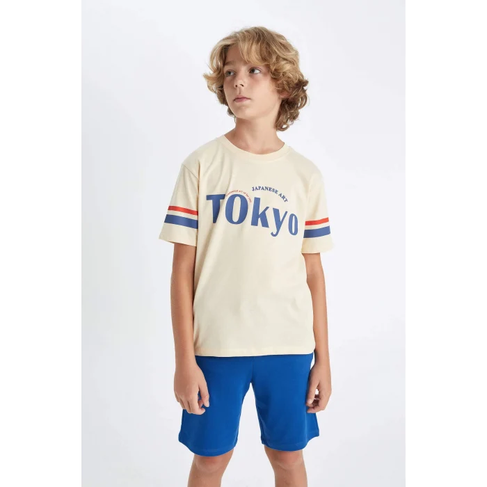 Defacto D2423 Bej Erkek Çocuk Bisiklet Yaka Baskılı Kısa Kollu Tişört
