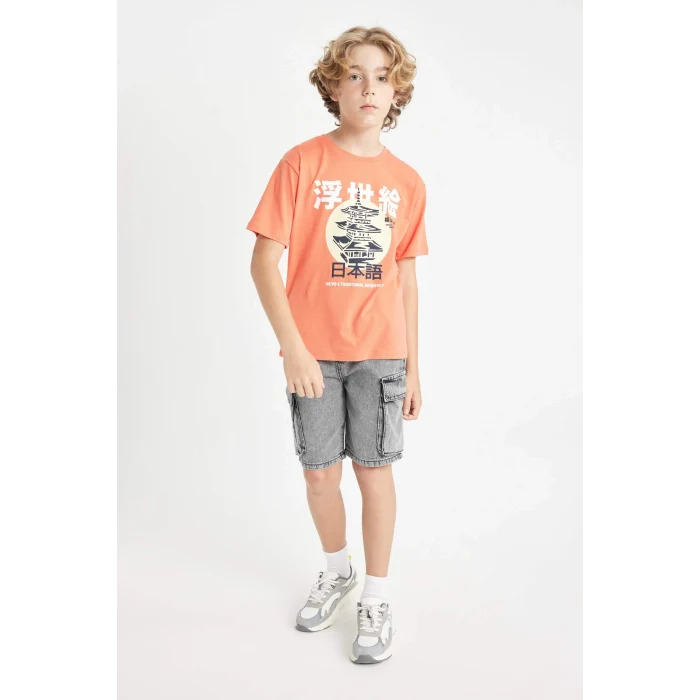 Defacto D2425 Turuncu Erkek Çocuk Bisiklet Yaka Baskılı Kısa Kollu Tişört