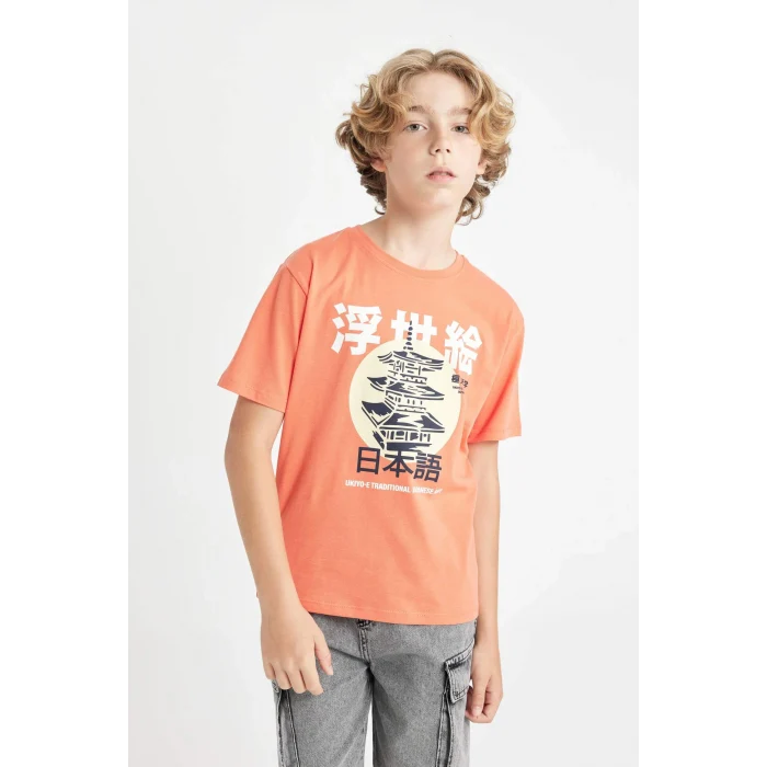 Defacto D2425 Turuncu Erkek Çocuk Bisiklet Yaka Baskılı Kısa Kollu Tişört