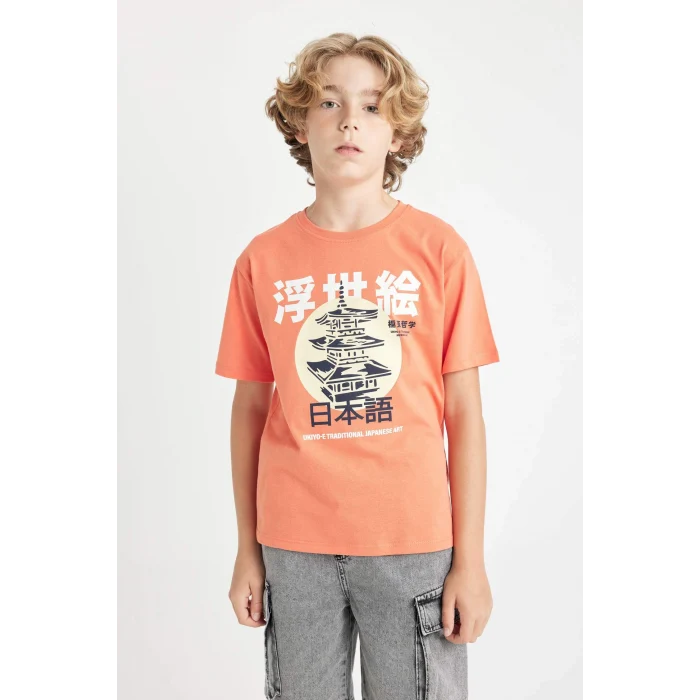 Defacto D2425 Turuncu Erkek Çocuk Bisiklet Yaka Baskılı Kısa Kollu Tişört