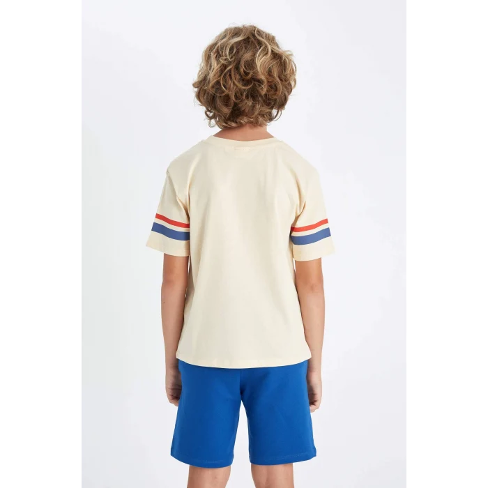 Defacto D2423 Bej Erkek Çocuk Bisiklet Yaka Baskılı Kısa Kollu Tişört
