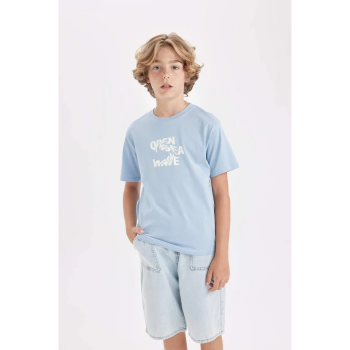 Defacto D2416 Mavi Erkek Çocuk Bisiklet Yaka Baskılı Kısa Kollu Tişört