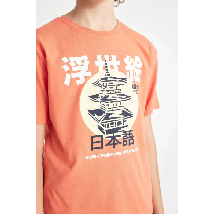 Defacto D2425 Turuncu Erkek Çocuk Bisiklet Yaka Baskılı Kısa Kollu Tişört