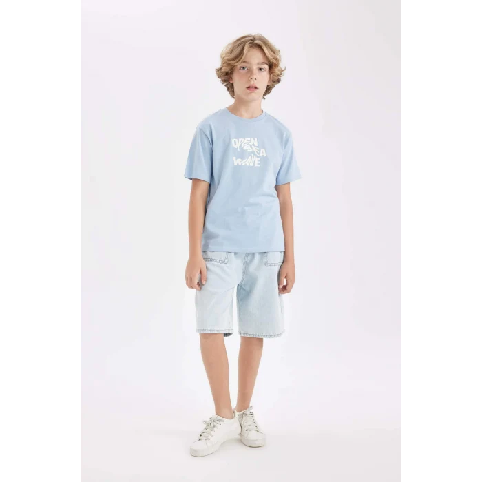 Defacto D2416 Mavi Erkek Çocuk Bisiklet Yaka Baskılı Kısa Kollu Tişört