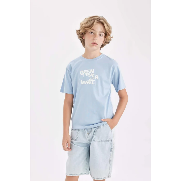 Defacto D2416 Mavi Erkek Çocuk Bisiklet Yaka Baskılı Kısa Kollu Tişört