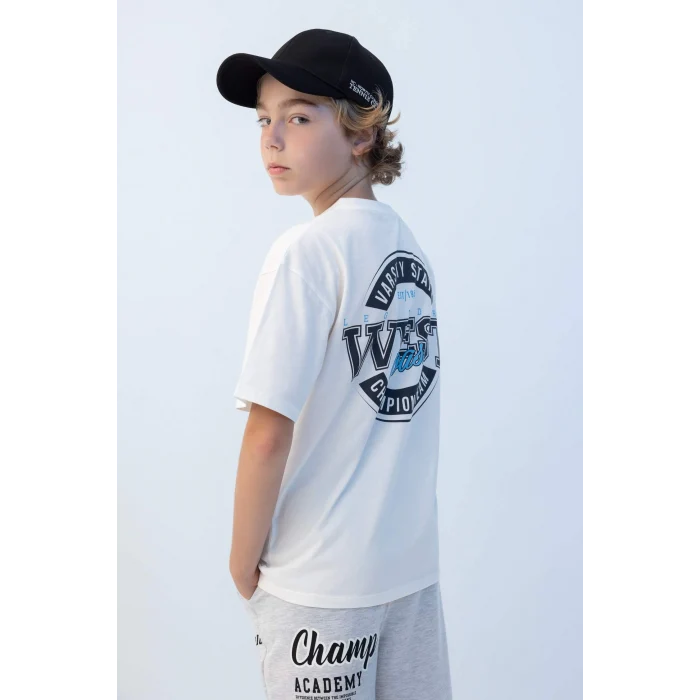 Defacto C3902 Ekru Erkek Çocuk Oversize Geniş Kalıp Bisiklet Yaka Baskılı Kısa Kollu Tişört