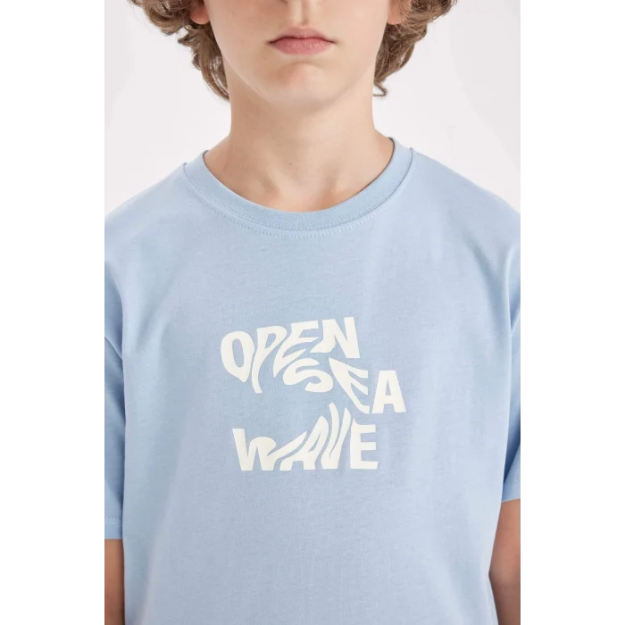 Defacto D2416 Mavi Erkek Çocuk Bisiklet Yaka Baskılı Kısa Kollu Tişört