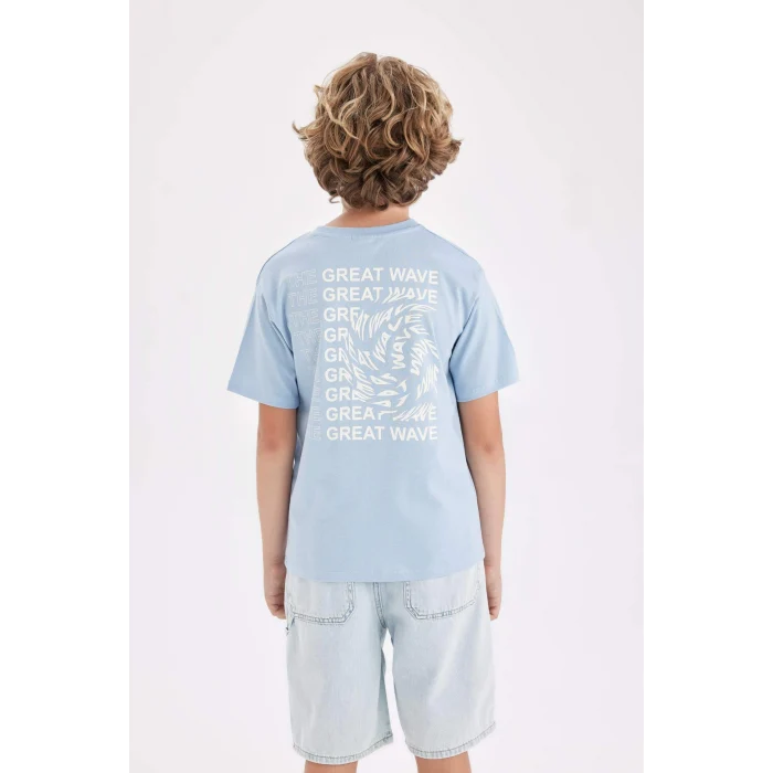 Defacto D2416 Mavi Erkek Çocuk Bisiklet Yaka Baskılı Kısa Kollu Tişört