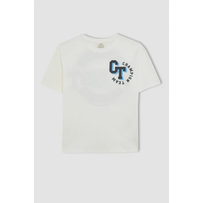 Defacto C3902 Ekru Erkek Çocuk Oversize Geniş Kalıp Bisiklet Yaka Baskılı Kısa Kollu Tişört