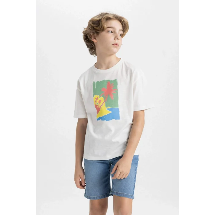 Defacto C4046 Ekru Erkek Çocuk Oversize Geniş Kalıp Bisiklet Yaka Baskılı Kısa Kollu Tişört