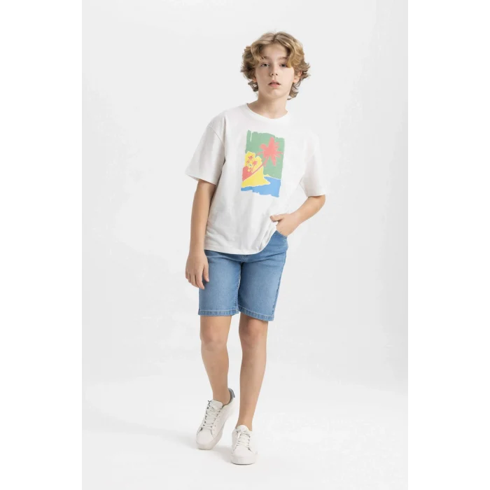 Defacto C4046 Ekru Erkek Çocuk Oversize Geniş Kalıp Bisiklet Yaka Baskılı Kısa Kollu Tişört