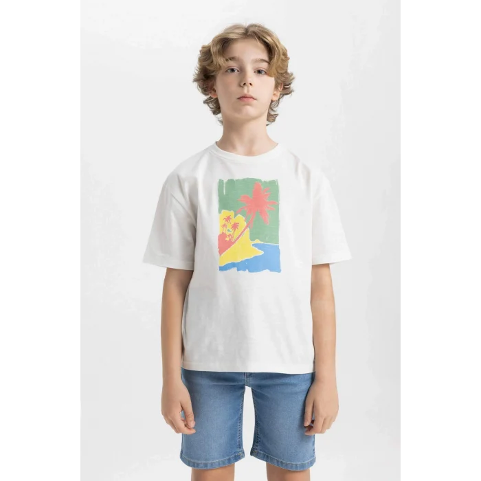 Defacto C4046 Ekru Erkek Çocuk Oversize Geniş Kalıp Bisiklet Yaka Baskılı Kısa Kollu Tişört