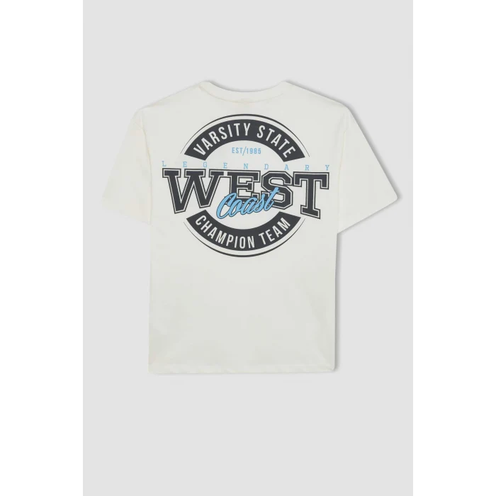 Defacto C3902 Ekru Erkek Çocuk Oversize Geniş Kalıp Bisiklet Yaka Baskılı Kısa Kollu Tişört